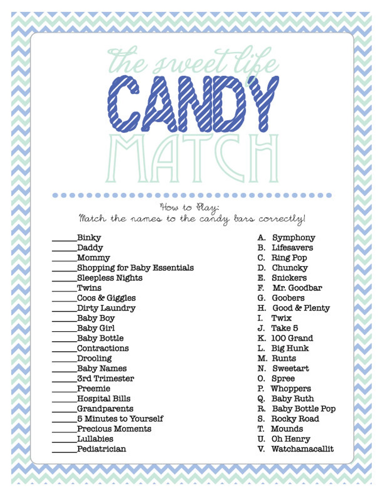 Baby Shower Game Sheet for The Sweet Life Candy Match Candy | Etsy