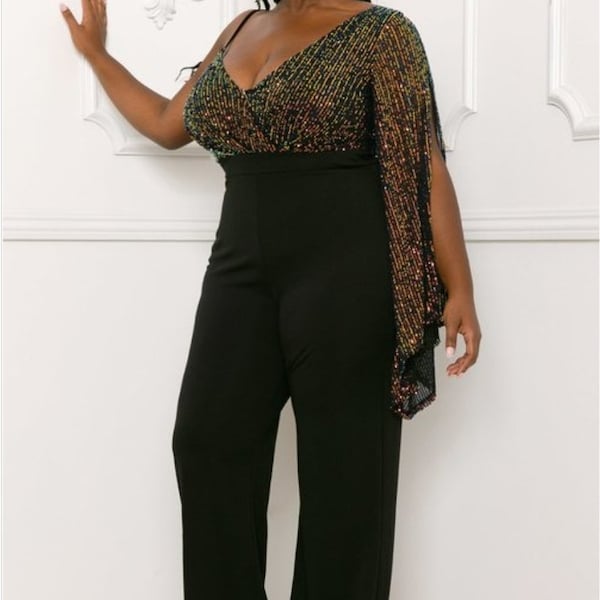 Sequin Long Sleeve Tie-Waist Jumpsuit with Bow Detail