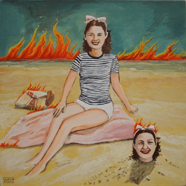 Twins at the Beach with flames  8x8 original acrylic painting on cradled wood panel quirky art surreal art