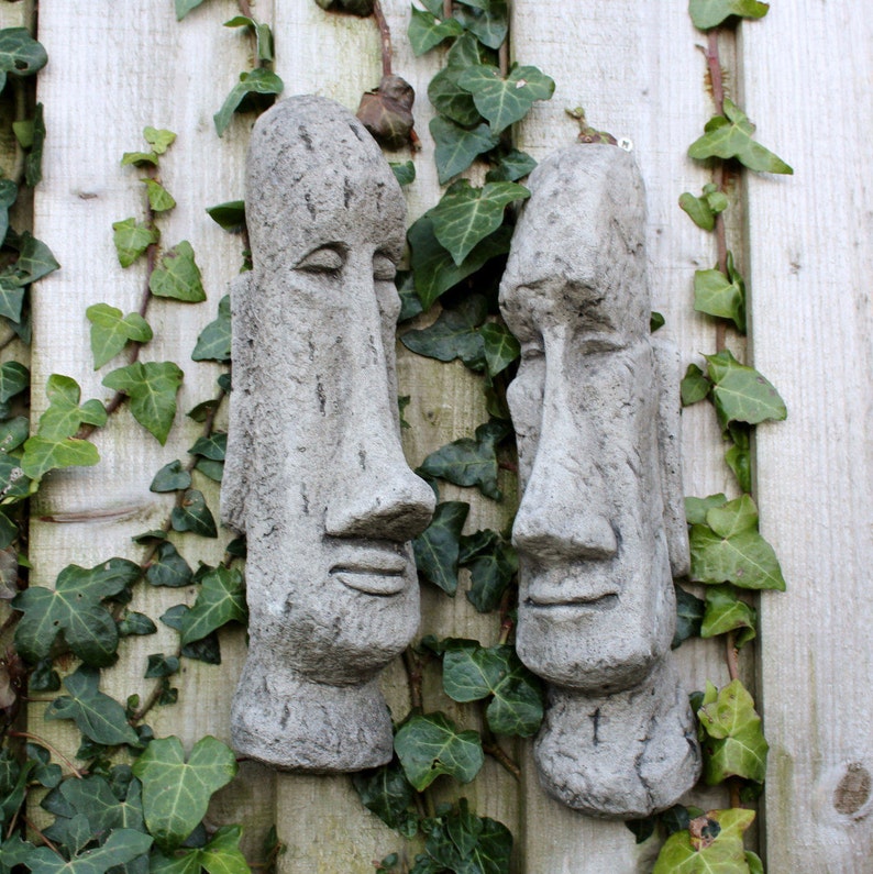 Easter Island Heads Stone Wall Decor Pair Maoi Garden