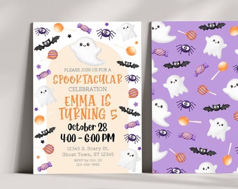 May include: Purple and white invitation with a ghost and bats. The text reads "Please join us for a Spooktacular Celebration Emma is turning 5 October 28 4:00-6:00 PM 12345 S. Scary St. Ghost Town, ST 12345 RSVP by Oct. 20 123-456-7890"