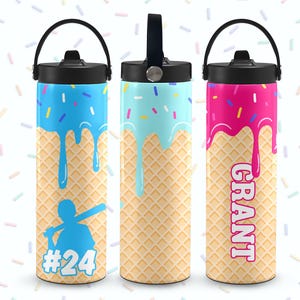 Personalized 20oz Baseball Water Bottle with Flip Straw Lid; Ice Cream Drip Water Bottle; Personalized Water Tumbler; Baseball Tumbler