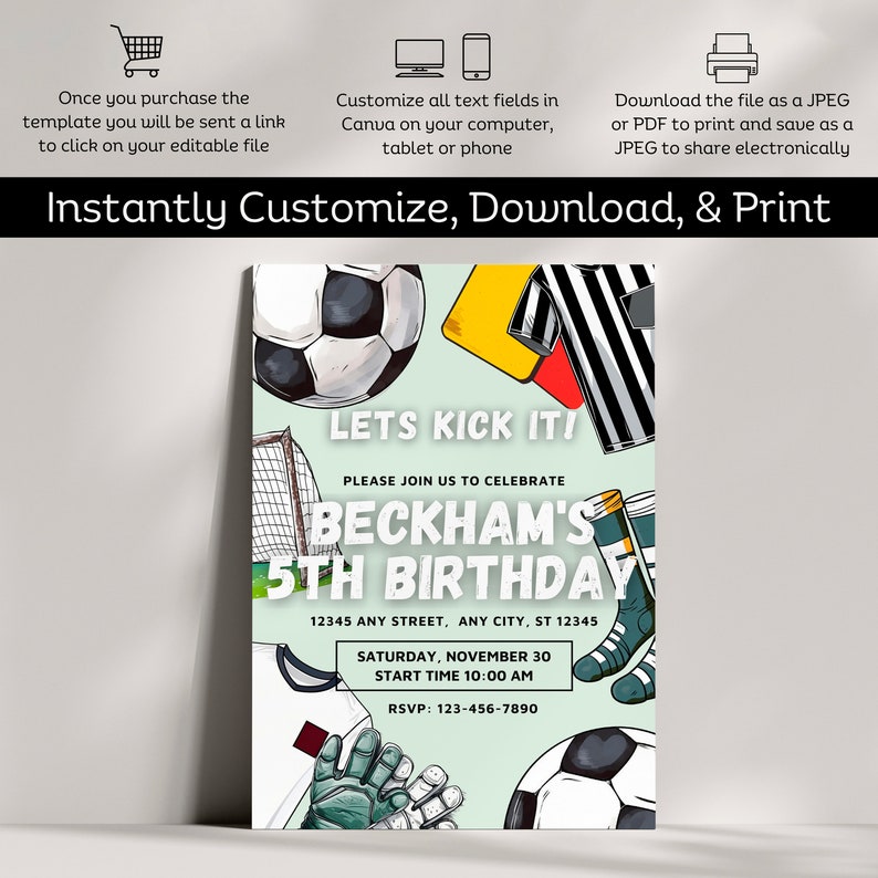 Soccer Birthday Party Invitation Template, Digital Soccer Birthday Invitation, Canva Birthday Invitation Template, Editable Soccer Invite image 2