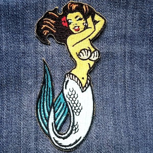 Mermaid Pin Up  Embroidered Biker Iron On Patch 4" X 1 3/4"