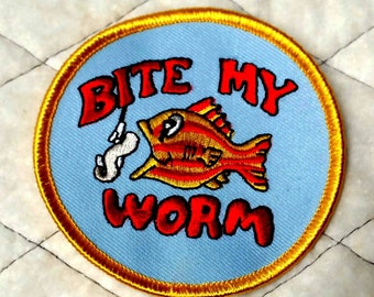 Vintage Bite My Worm Embroidered Iron on Patch 3" NOS