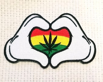 Heart Hands Rasta Iron on Embroidered Patch 4'' X 2 1/2''