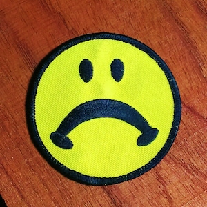 Vintage 1970&#39;s Sad Face Embroidered Iron On Patch 3&quot;