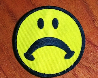 Vintage 1970's Sad Face Embroidered Iron On Patch 3"