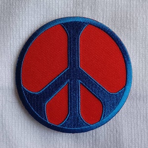 Peace Symbol Blue & Red Embroidered Iron On Patch 3 inches