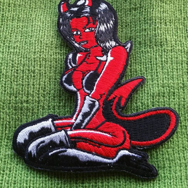 Devil Girl Pin Up  Embroidered Biker Iron On Patch 3" X 3"