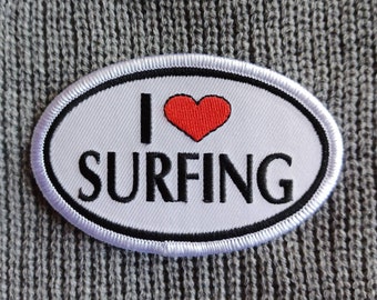 Vintage I Love Surfing Embroidered Iron On Patch 3 1/2" X 2 1/4"