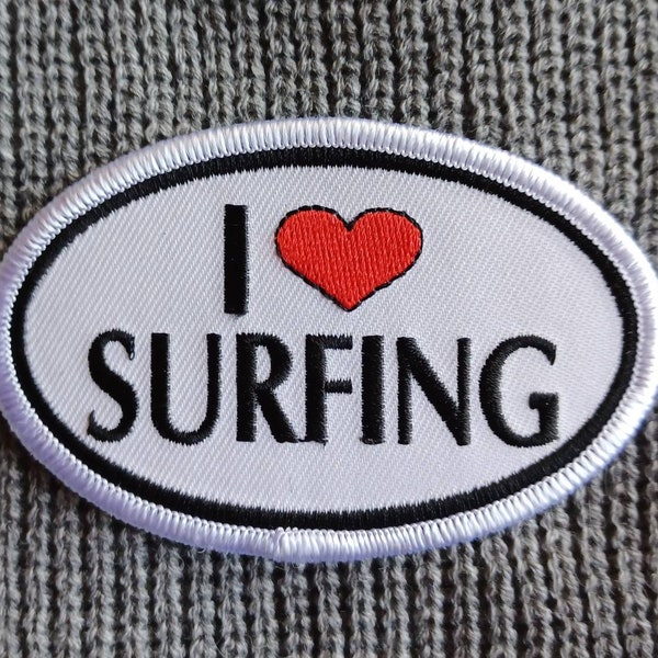 Vintage I Love Surfing Embroidered Iron On Patch 3 1/2" X 2 1/4"