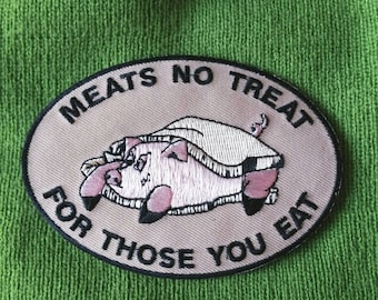 Parche bordado de cerdo vegano, termoadhesivo de derechos de los animales (4x3")