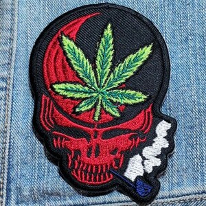 Vintage Red Skull Marijuana Leaf Embroidered Iron On Patch 3 1/2" X 2 3/4"