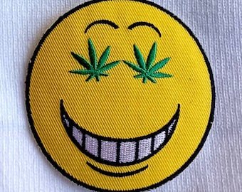 Marijuana Eyes Smiley Face Embroidered Iron On Patch 3 inches