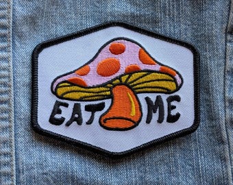 Vintage 1970's "Eat Me" Mushroom Embroidered Iron On Patch 4" X 3"