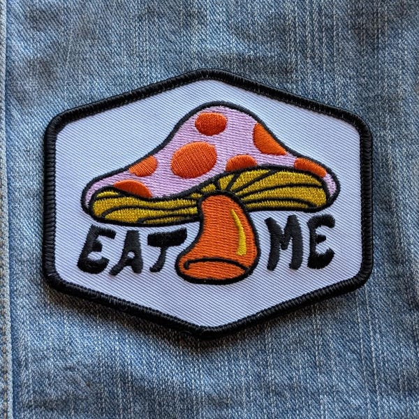 Vintage 1970's "Eat Me" Mushroom Embroidered Iron On Patch 4" X 3"