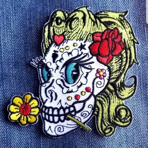 Calavera Sugar Skull Girl Embroidered Patch Iron On 3 1/4&quot; X 3&quot;