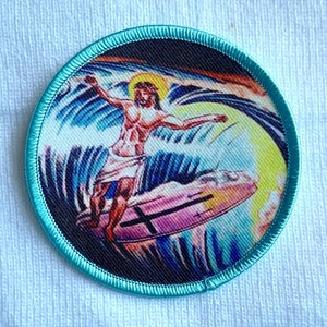 Jesus Surfing Embroidered Iron On Patch 3&quot;