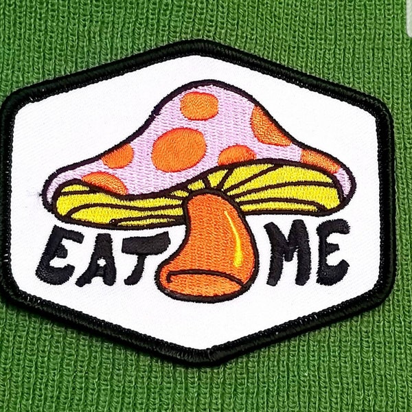 Vintage 1970's "Eat Me" Mushroom Embroidered Iron On Patch 4" X 3"