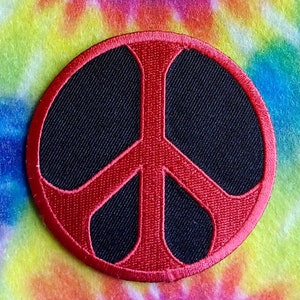 Peace Symbol Red & Black Embroidered Iron On Patch 3 inches