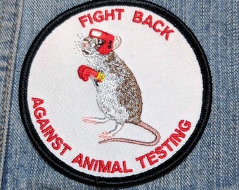 Vintage Animal Rights Embroidered Patch: Boxing Mouse, 3 1/4" Iron-On