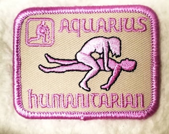 Vintage Aquarius Astrology Sign Sex Position Embroidered Iron-On Patch 2 1/2" X 2''