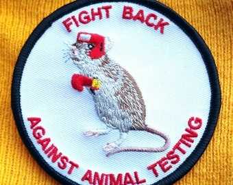 Fight Back Against Animal Testing Embroidered Iron-On Patch 3 1/4" Animal Rights Patch