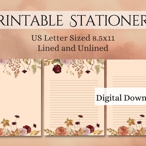 Papelería de flores de otoño imprimible, tamaño carta de EE. UU., membrete, forrado y sin forro / Descarga instantánea
