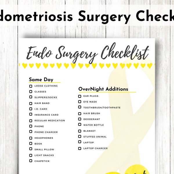 Endo Surgery Checklist, Endometriosis, Surgery Checklist, Laparoscopy, Hysterectomy, Yellow