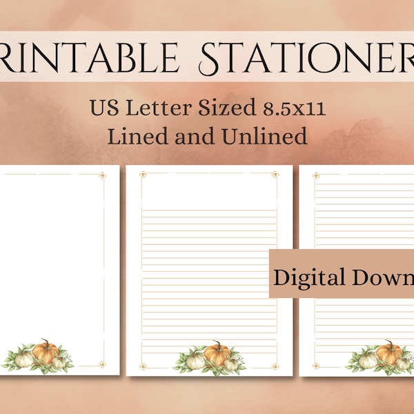 Printable Pumpkins Fall Stationery, US Letter Size, Letterhead, Lined & Unlined | Instant Download