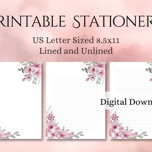 Floral rosa imprimible, tamaño carta de EE. UU., membrete, forrado y sin forro / Descarga instantánea