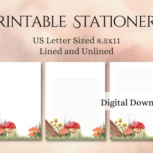 Printable Mushroom Stationery, US Letter Size, Letterhead, Lined & Unlined| Instant Download