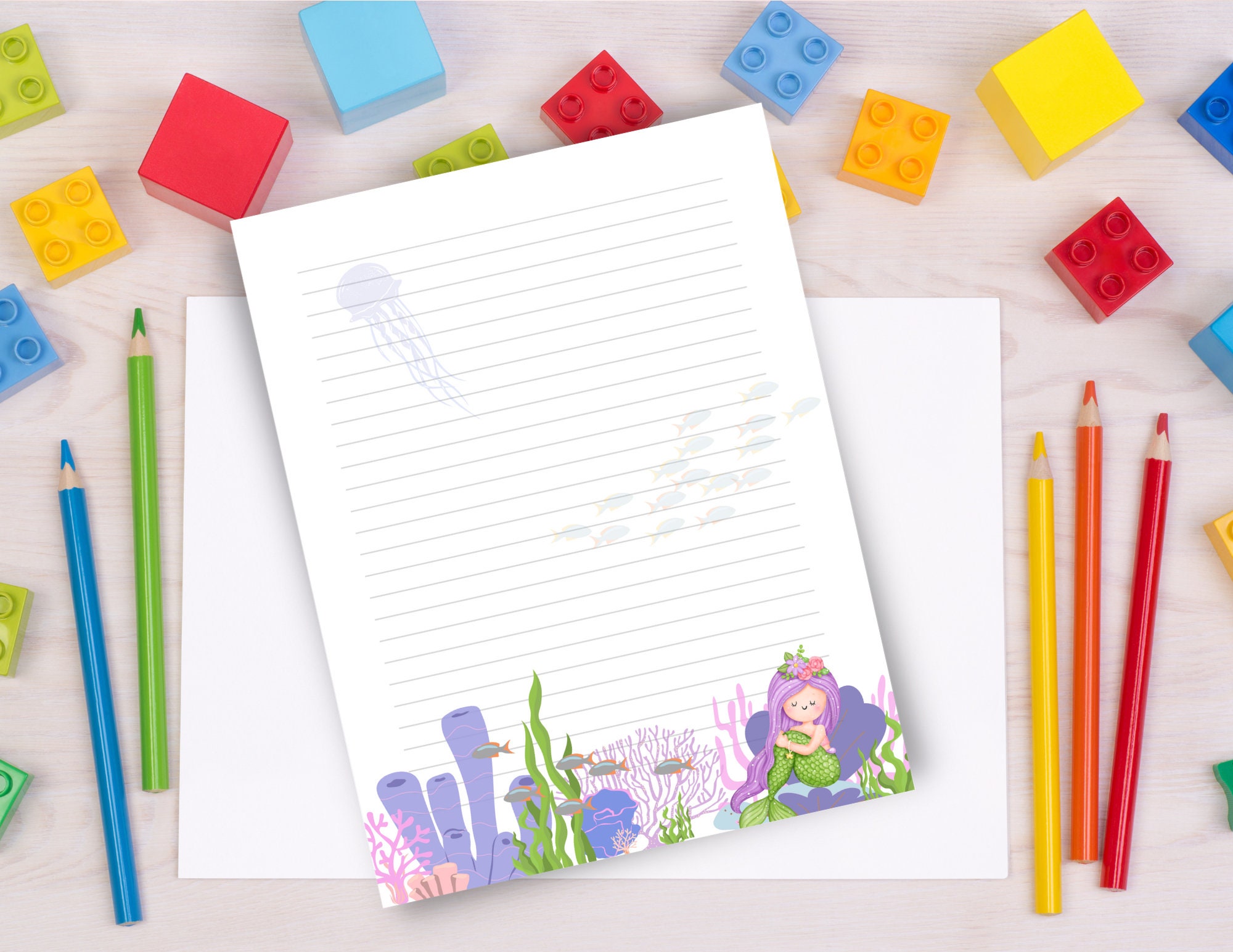 Printable Purple Mermaid, US Letter Size, Letterhead, Lined &amp; Unlined Instant Download - Etsy