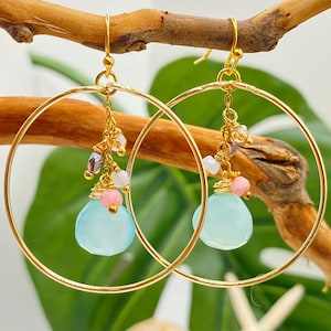 Aqua Beach Hoop Earrings, Handmade in Hawaii, Healing Jewelry, Mother's Day Gift, Graduation Gift, Bridesmaid Gift