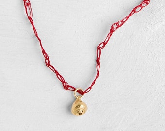 14K Solid Gold Pendant, Red Thread Necklace,  Christmas Red String Necklace, Solid Gold Pendant Necklace, Tiny Gold Pendant Necklace, Gift