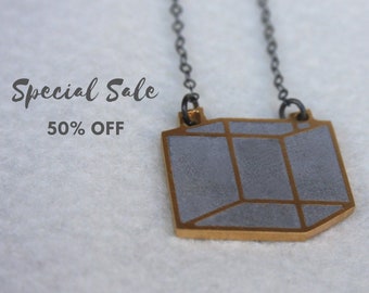 SALE 50% OFF - Gold Cube Necklace, Geometric Gold Pendant, minimalist concrete Necklace, 3d cube necklace, unique Industrial necklace