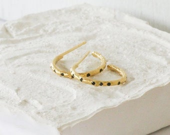 Gold and Black Diamonds Twig Hoop Earrings