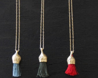 Organic And Cotton Tassel necklace, Gold And Cotton Pendant