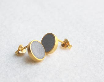 Concrete round stud earrings, Classic earrings, gold plated round earrings, Geometric posts, ear studs gold, Concrete jewelry, hadas shaham