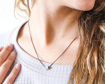 Concrete jewelry, Cube Necklace, Tiny Gold Cube Necklace, Oxidize Silver Chain Necklace Minimalist pendent, hadas shaham