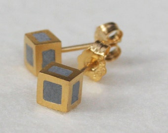 Gold And Concrete Minimalist Square Cube Studs Earrings