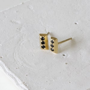 Solid Gold Tiny Rectangle Stud Earrings with Black Diamonds 14K and b. diamonds