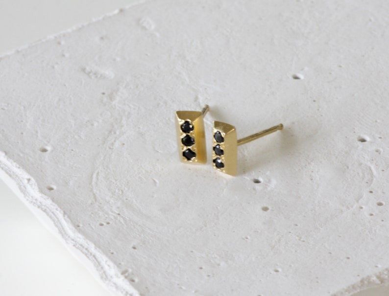 Solid Gold Tiny Rectangle Stud Earrings with Black Diamonds 14K and b. diamonds