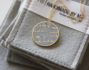 Round concrete & Gold Handwriting Text Pendant With A long goldfield Chain