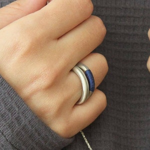Silver concrete ring, blue threads ring, hadas shaham, Minimalist band, Contemporary ring, modern ring, stacking ring, fashion unique ring