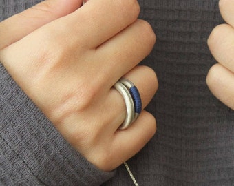 Silver concrete ring, blue threads ring, hadas shaham, Minimalist band, Contemporary ring, modern ring, stacking ring, fashion unique ring