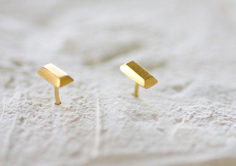Solid Gold Tiny Rectangle Stud Earrings with Black Diamonds Only 14K Gold