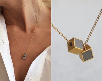 Gold and Concrete Cube Necklace, Concrete Jewelry, Hadas Shaham