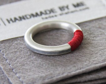 Silver and Concrete Red Thread Band Ring